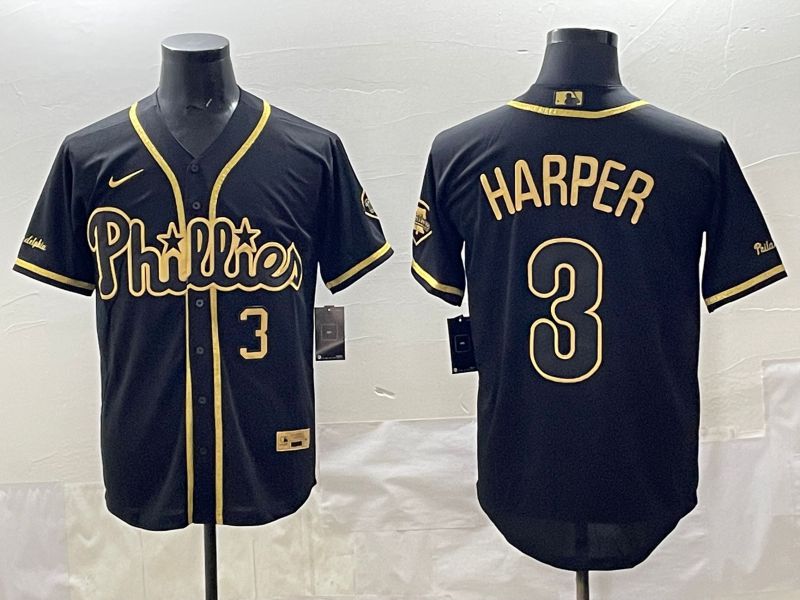 Men 2025 Philadelphia Phillies 3 Harper Black Gold Throwback Nike MLB Jersey style 002